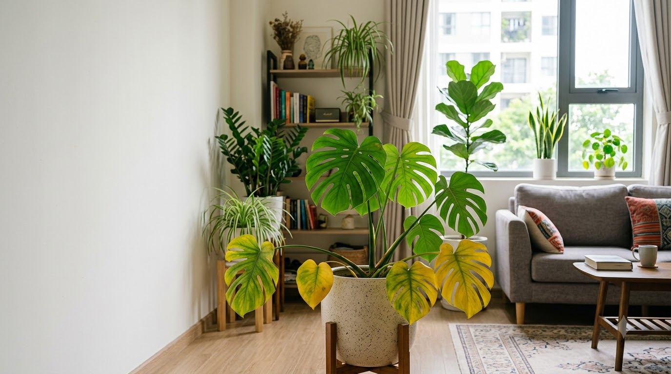 1. cây trồng trong nhà xuất hiện lá vàng