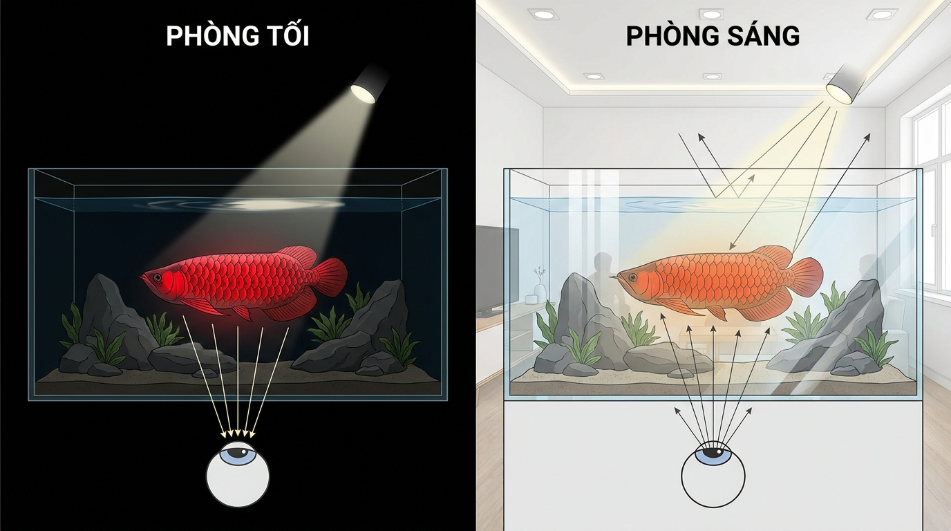 Mặt cắt hồ cho thấy nguồn sáng môi trường làm thay đổi tỷ lệ ánh sáng tới cá và phản xạ về người xem.