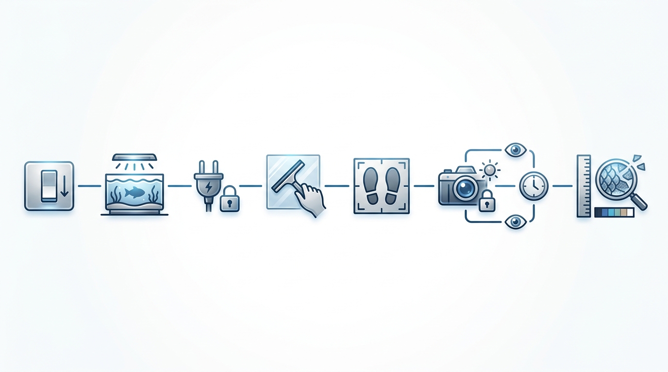 Flowchart tắt/giữ ổn định ánh sáng phòng, cố định chế độ đèn hồ, vị trí ngắm và camera.