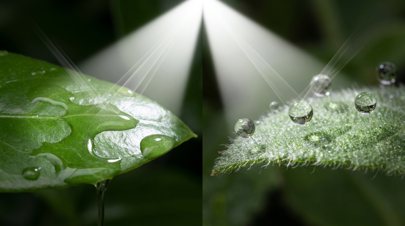 Giọt nước trên lá trơn và lá có lông dưới spotlight