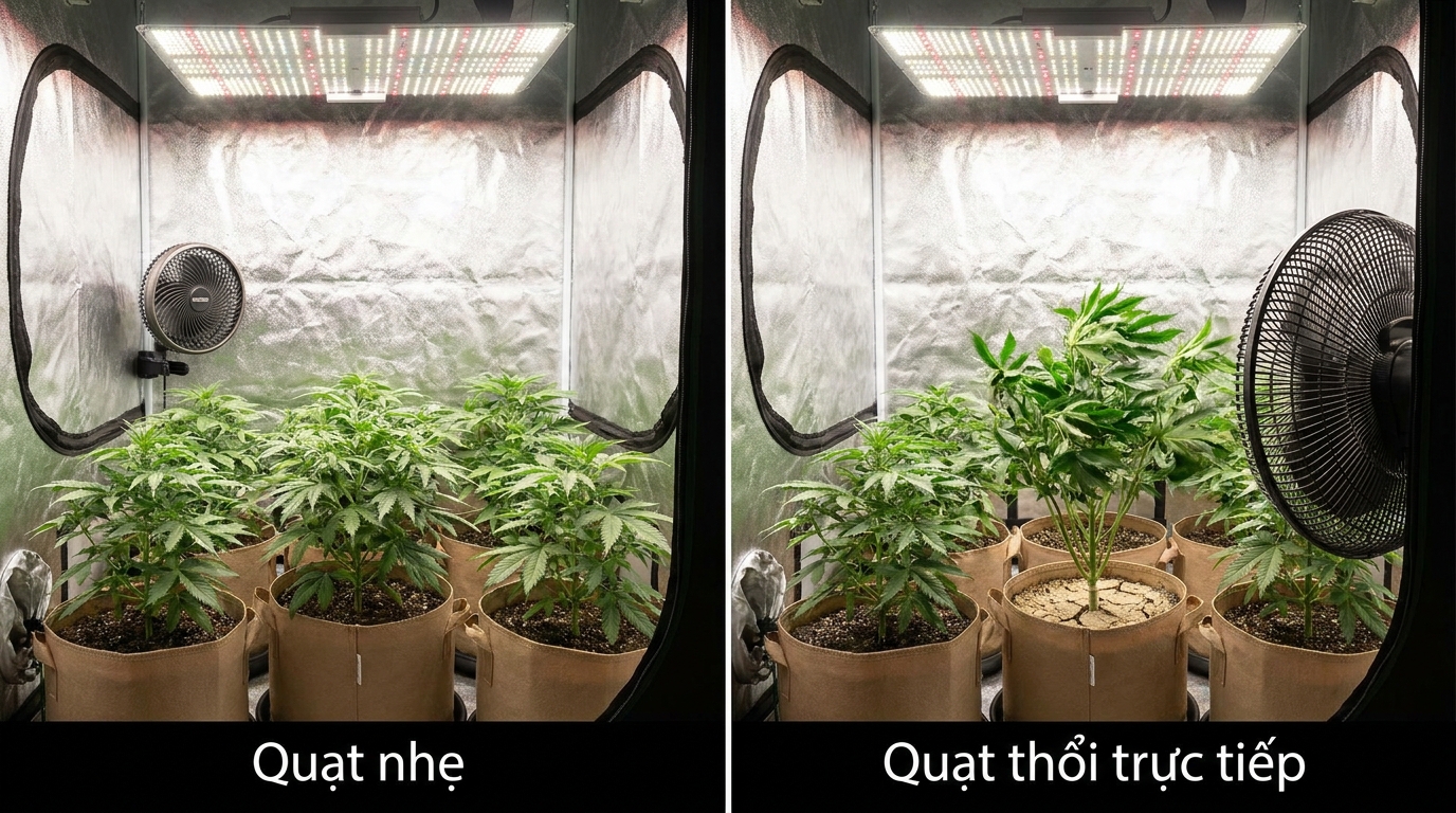 So sánh quạt nhẹ và quạt thổi trực tiếp mạnh vào tán