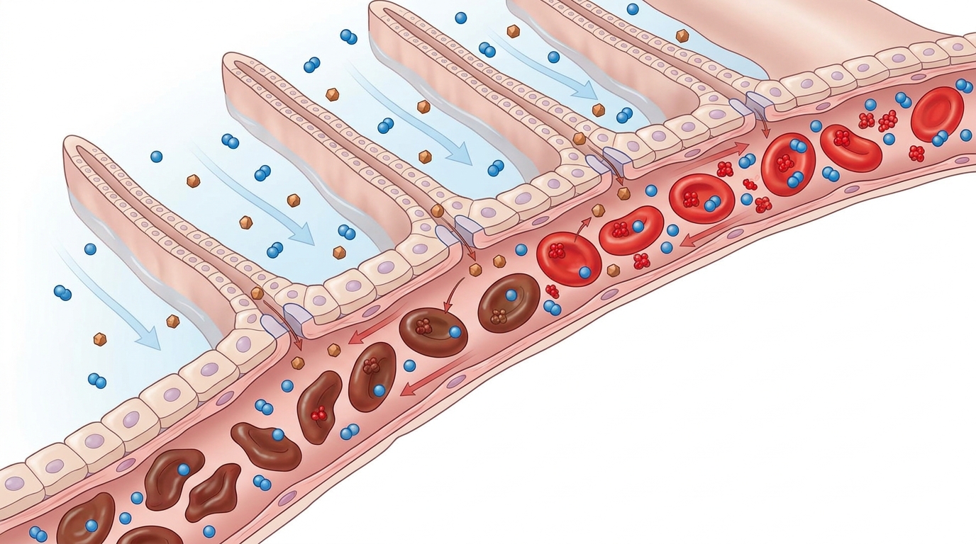Lát cắt mang, hồng cầu và methemoglobin minh họa cơ chế stress do nitrite.