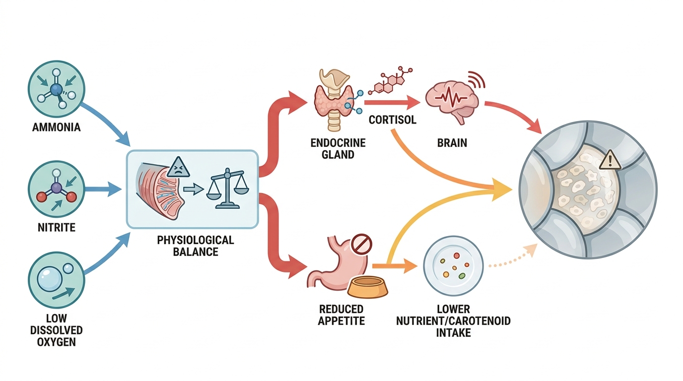 Infographic nước kém → mang/hô hấp → cortisol/stress → ăn kém → biểu hiện màu không ổn định.
